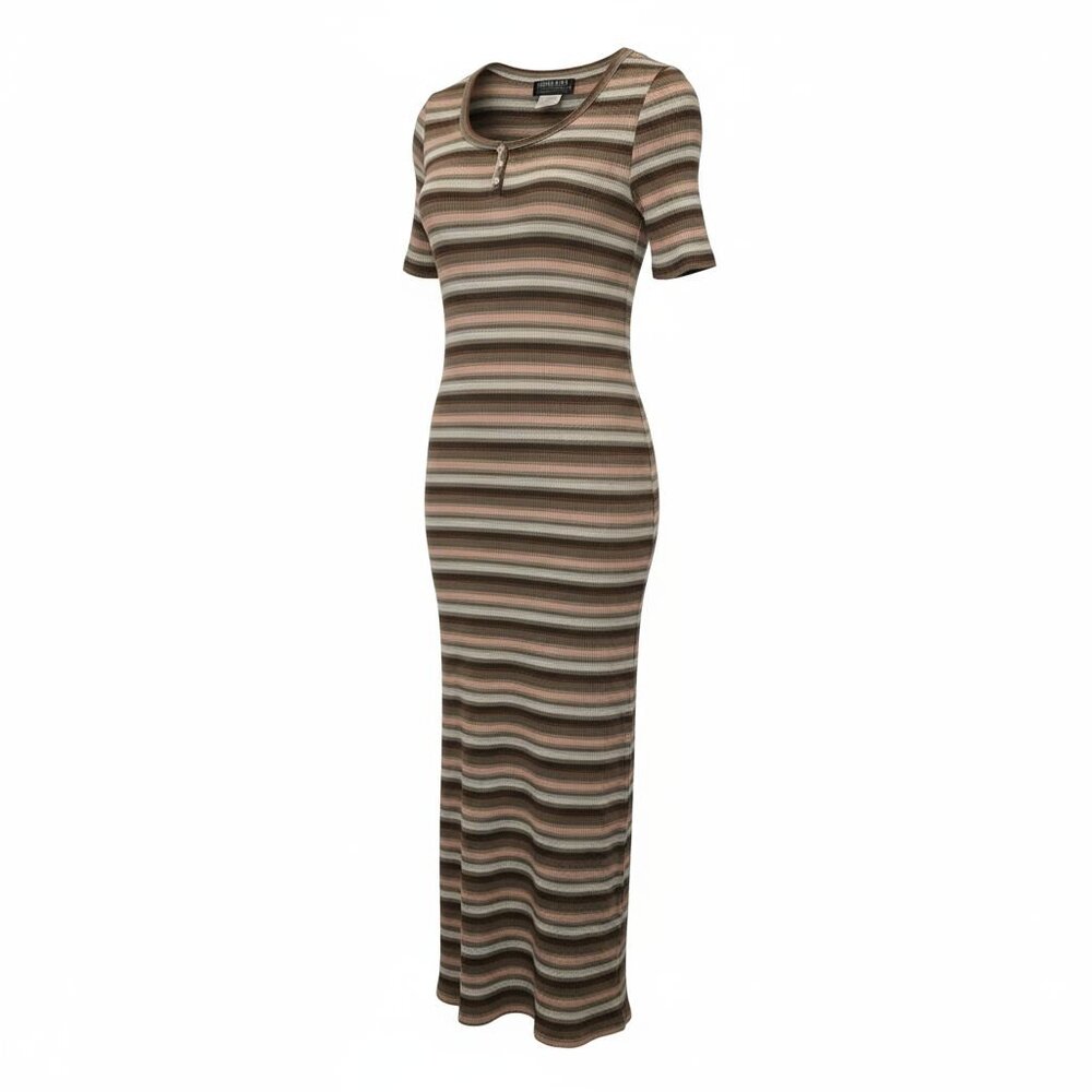Y2K Ribbed Maxi Dress Womens 1X Brown Stripe Bodycon Stretch Knit Boho Baddie